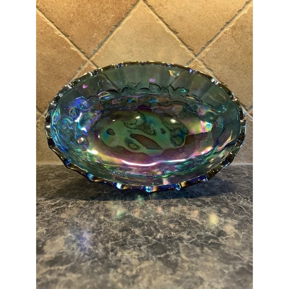VTG Indiana Iridescent Carnival Glass BLUE Harvest Grape Footed Fruit Bowl
